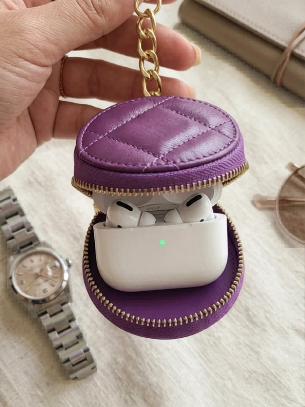 Purple Quilted Round AirPod Case Keychain